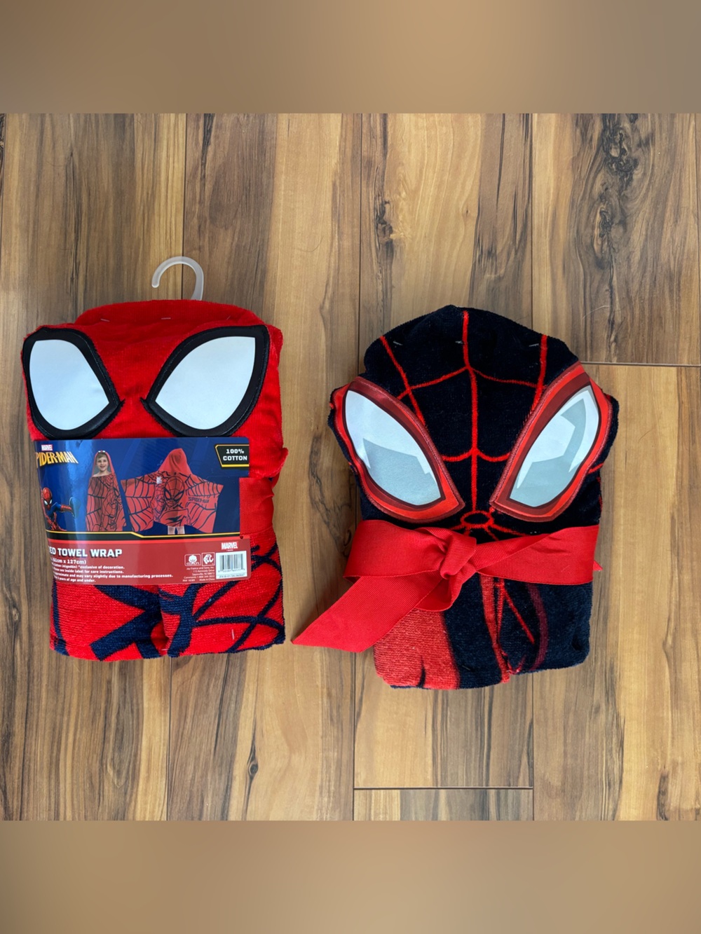 Marvel Kids Spider-Man  and Miles Morales Red and Black Hooded Towel Wrap